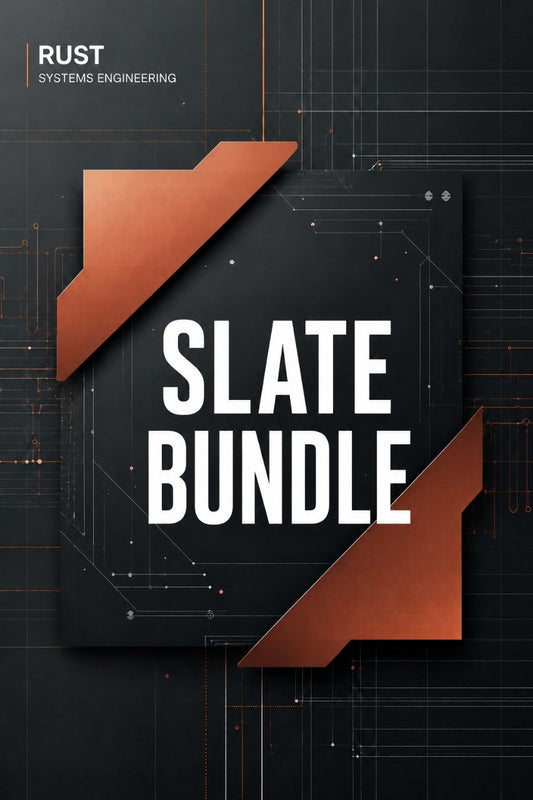 Promotional graphic for a 'SLATE BUNDLE' by Rust Systems Engineering, featuring a dark slate-gray central card with bold white text, layered over metallic copper-orange geometric shapes on a dark technical blueprint background.