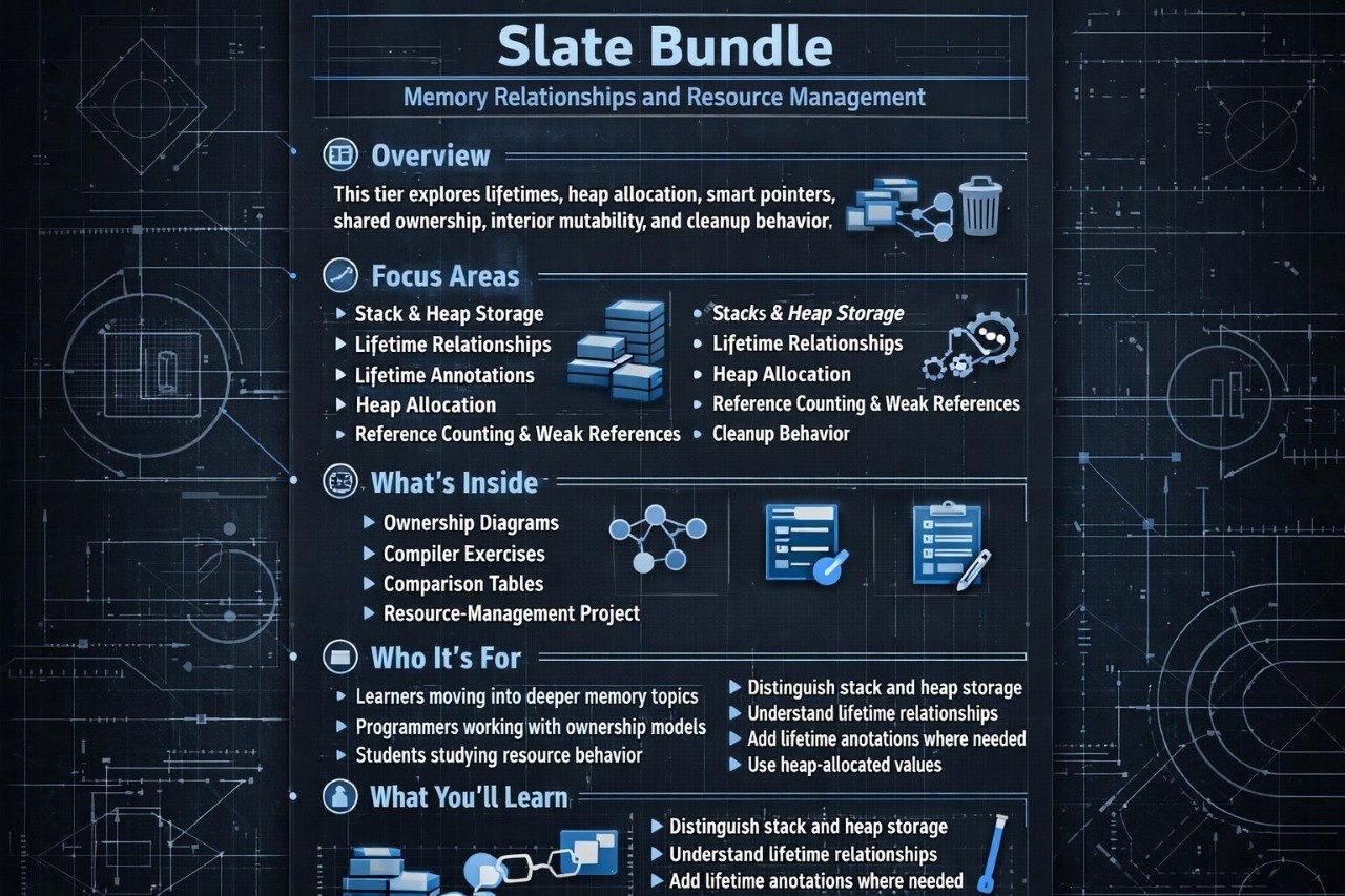 An educational infographic poster titled 'Slate Bundle' about Memory Relationships and Resource Management, featuring text and diagrams on a dark slate blue background.