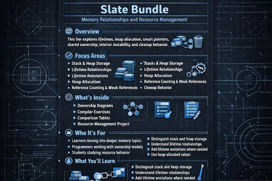 An educational infographic poster titled 'Slate Bundle' about Memory Relationships and Resource Management, featuring text and diagrams on a dark slate blue background.