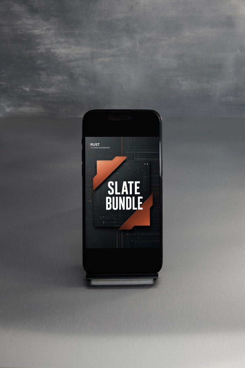 A smartphone on a small display stand showing the text 'SLATE BUNDLE' on its screen, set against a dark gray textured background.