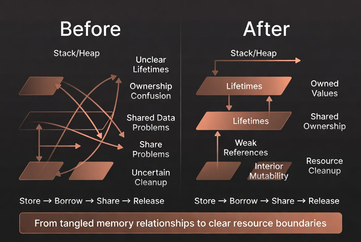 A dark-themed educational infographic comparing 'Before' and 'After' states of Java memory management, using visual metaphors of stacked and borrowed blocks with labels such as 'Stack/Heap', 'Lifetimes', and 'Shared Ownership'.