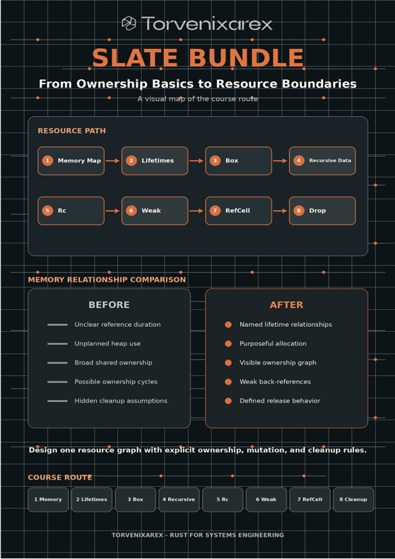 An infographic titled 'SLATE BUNDLE' by Torvenixcrex, outlining a course roadmap from ownership basics to resource boundaries. The graphic features a dark grid background, orange and white text, and several rounded rectangular panels showing a resource path with memory map, lifetimes, box, garbage collection data, rc, weak, refCell, and drop, alongside before-and-after comparisons.