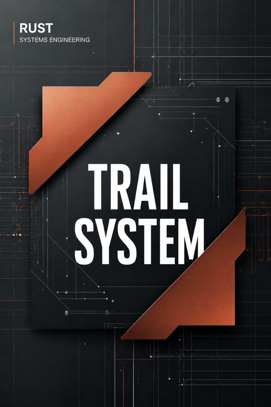 A digital cover graphic for 'Trail System' by Rust Systems Engineering, featuring bold white text on a dark gray panel with copper-colored geometric corner accents, set against a dark technical blueprint background.