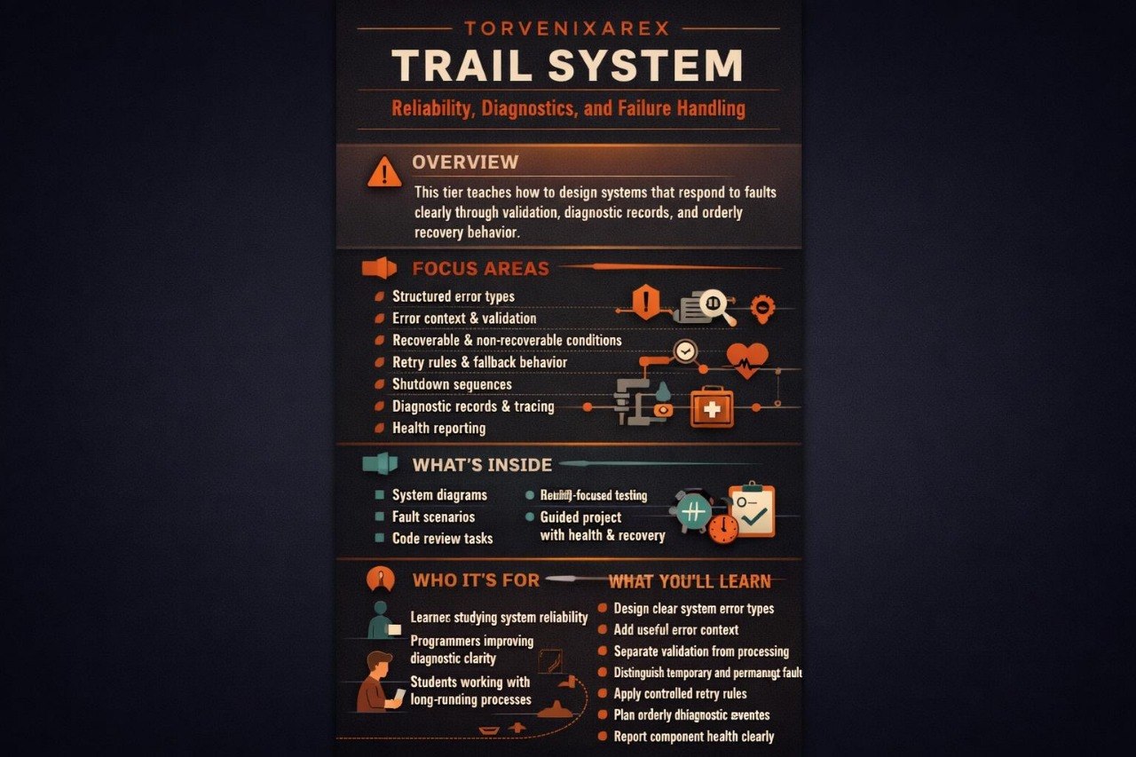 A dark navy and black infographic poster titled 'TORENIXAREK TRAIL SYSTEM' with sections labeled Overview, Focus Areas, What's Inside, Who It's For, and What You'll Learn, using orange and white text and small illustrative icons.
