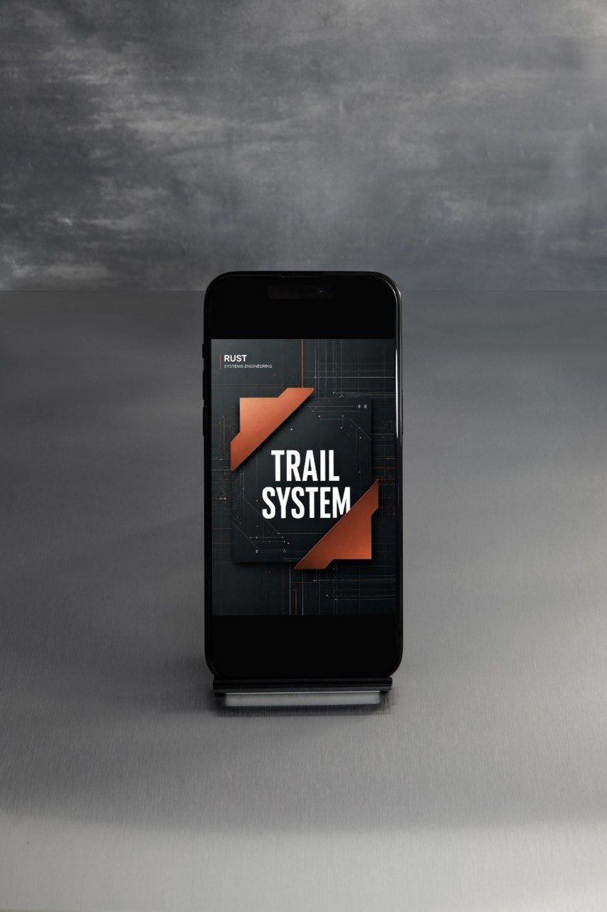 A smartphone on a small display stand showing the Trail System app interface, set against a dark gray textured studio background.