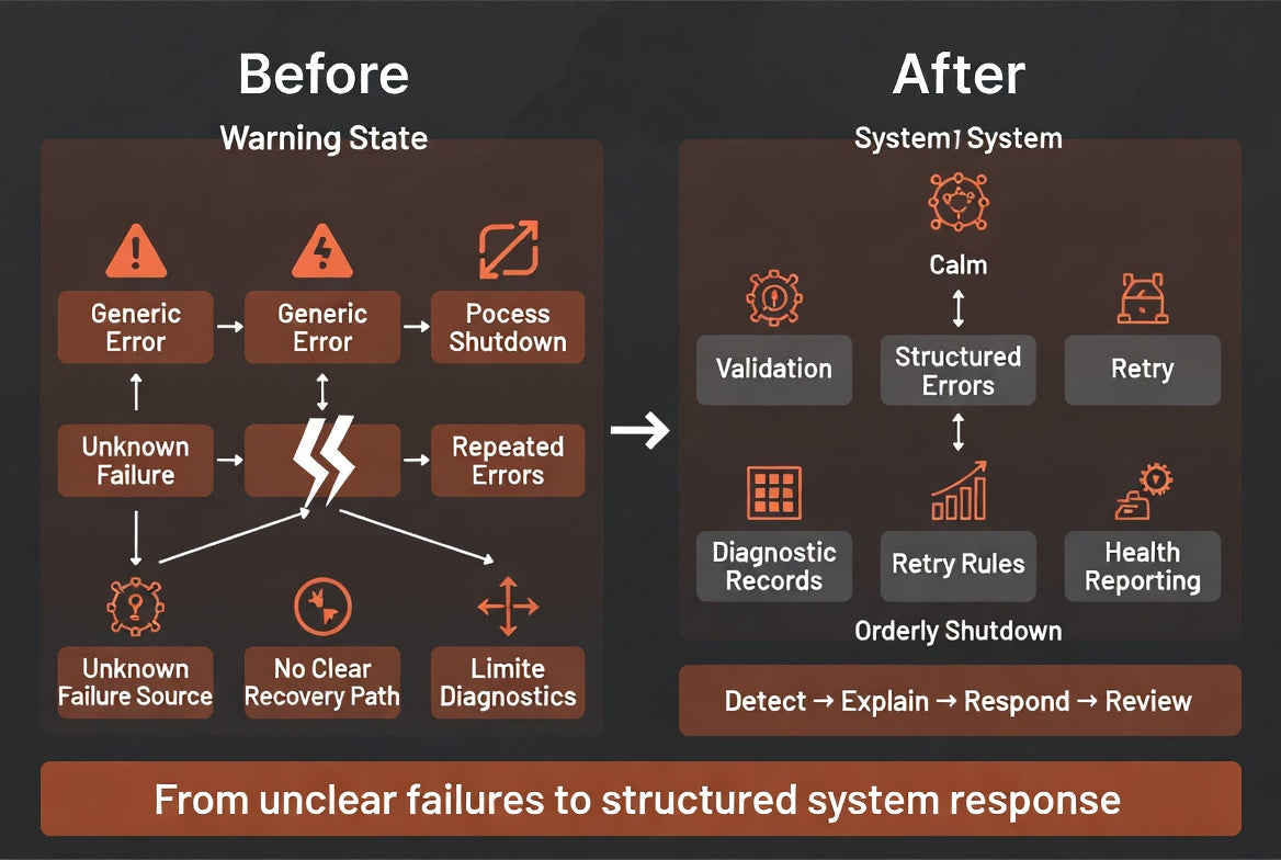 A dark infographic comparing a 'Before' warning state with an 'After' system response state, using orange icons and labels on a black background.