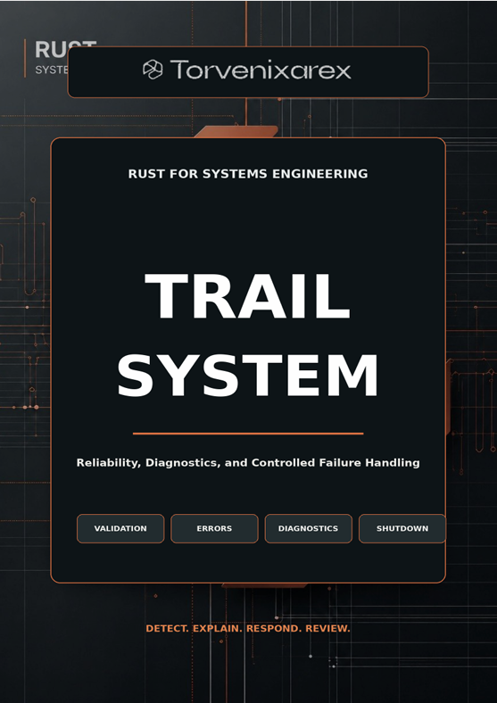 A digital cover graphic for the 'Trail System' book by Torvenixcarex, featuring a dark black background with orange circuit-like lines and white text.
