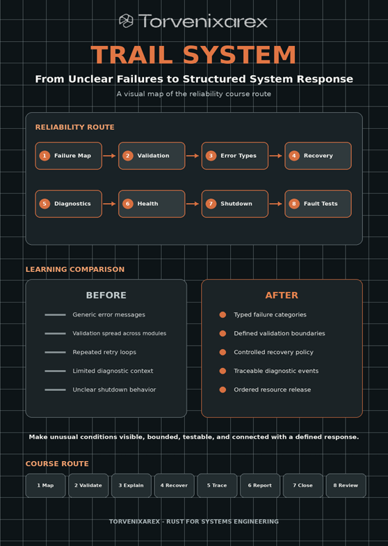 An infographic poster titled 'TRAIL SYSTEM' by Torvenixcarex, explaining a reliability and course-of-action framework with flowcharts, before-and-after comparison boxes, and a course route diagram on a dark grid background.