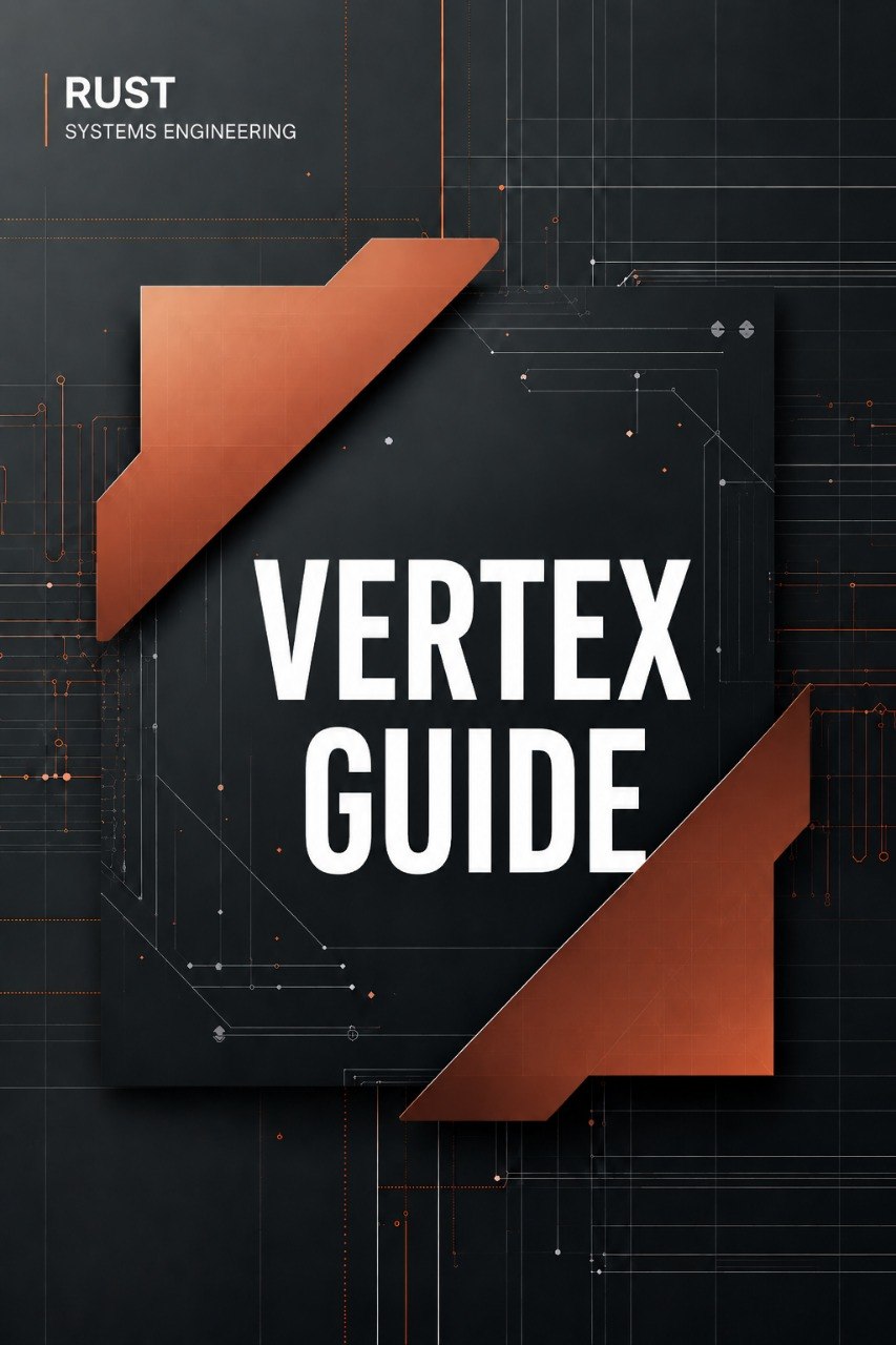 A digital cover design for a 'Vertex Guide' by Rust Systems Engineering, featuring bold white text on a dark gray panel with metallic copper-colored geometric corner accents, set against a dark technical blueprint background.