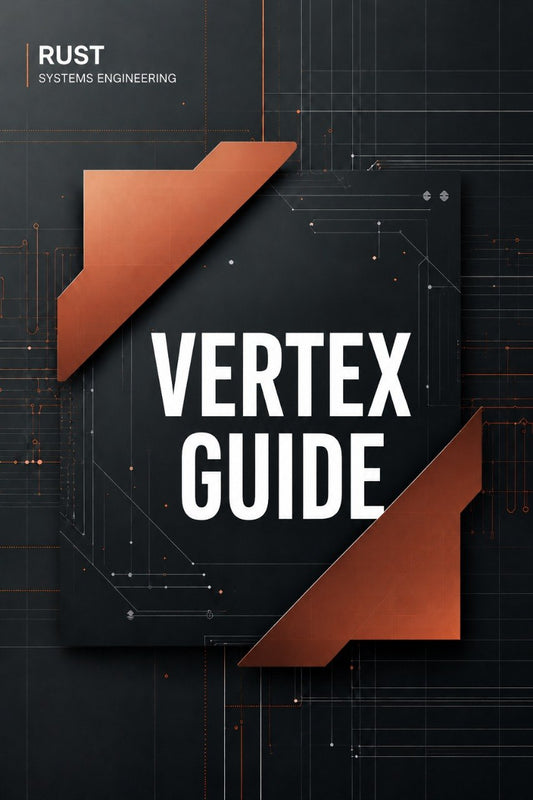 A digital cover design for a 'Vertex Guide' by Rust Systems Engineering, featuring bold white text on a dark gray panel with metallic copper-colored geometric corner accents, set against a dark technical blueprint background.