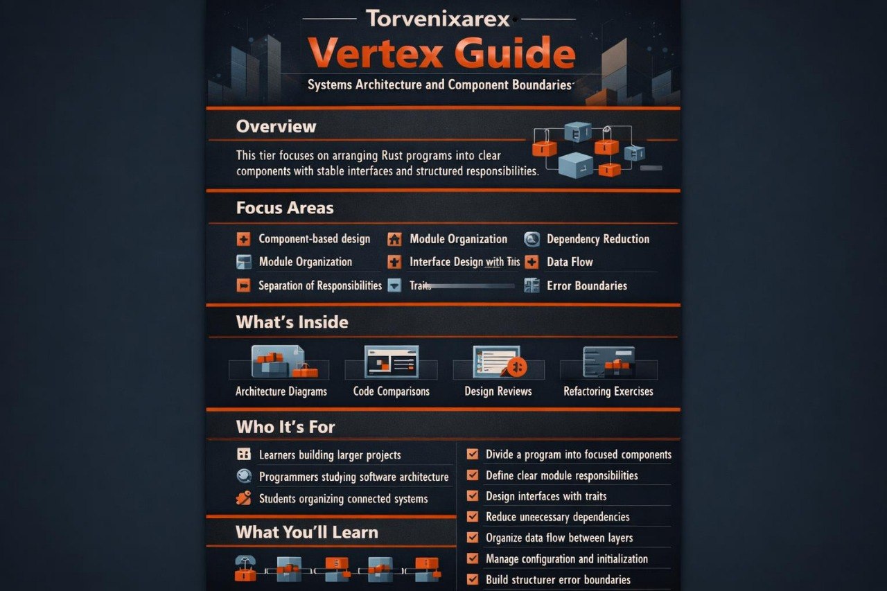 A dark navy and black infographic titled 'Torenixare Vertex Guide' with orange headings and multiple sections about software architecture, diagrams, learning objectives, and feature areas.