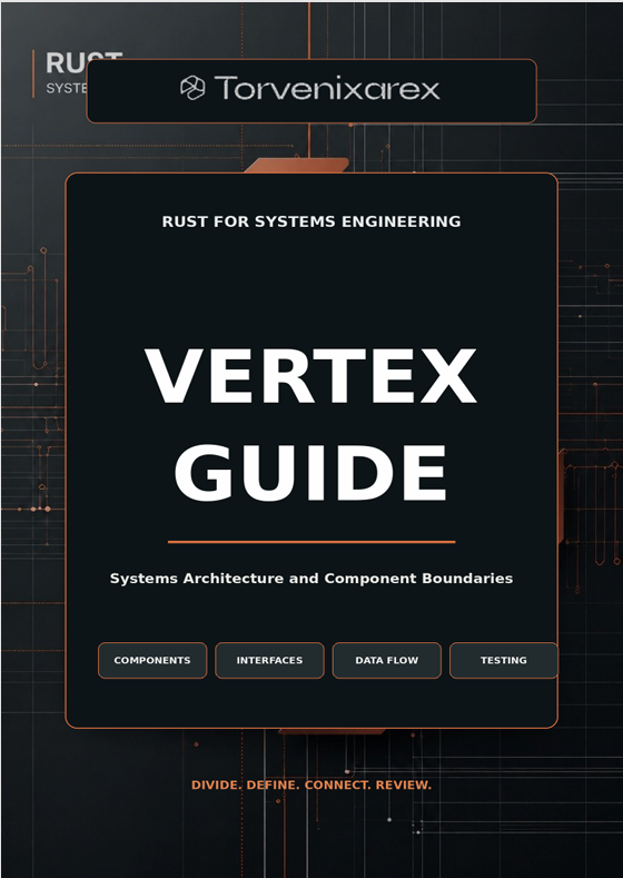 A book or guide cover titled "VERTEX GUIDE" with the subtitle "Systems Architecture and Component Boundaries" from Rust for Systems Engineering, featuring the Torvenixcarex brand at the top.