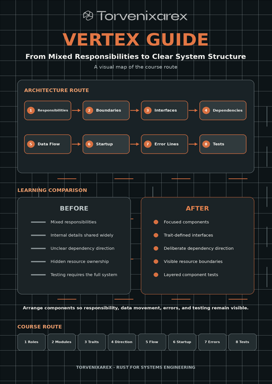An infographic-style cover for the Torenixcrex Vertex Guide, showing course content such as architecture route, learning comparison, and course route on a dark grid background.